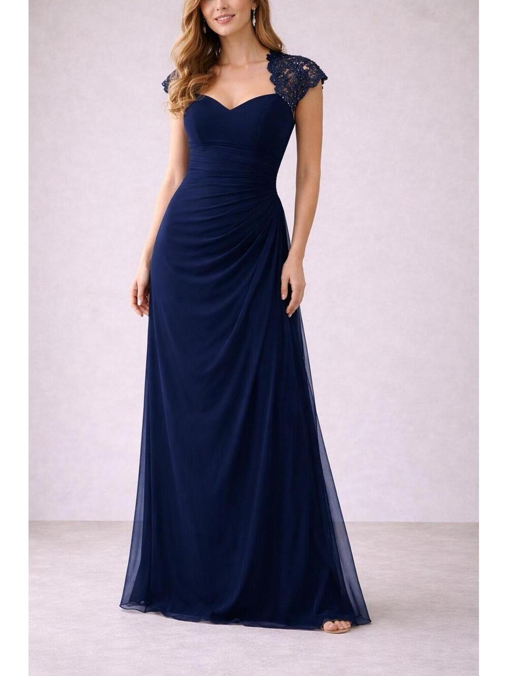 XSCAPE Navy Blue Formal Maxi Dress 14P Petite Lace Cap Sleeve Prom Bridesmaid